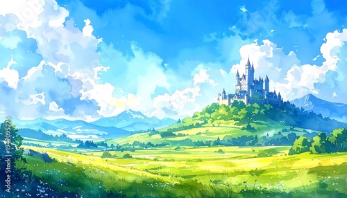 Grand castle standing on lush hill surrounded by bright countryside landscape watercolor painting illustration