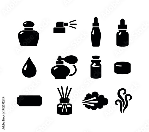Collection of black icons representing various fragrance and cosmetic products and their application