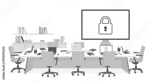 A modern conference room is meticulously arranged with a long white table, eight grey chairs, and multiple laptops, all featuring a prominent padlock icon on screens.