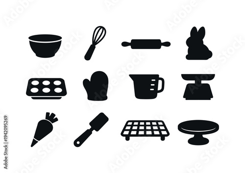 Collection of baking and cooking icons in silhouette on a white background