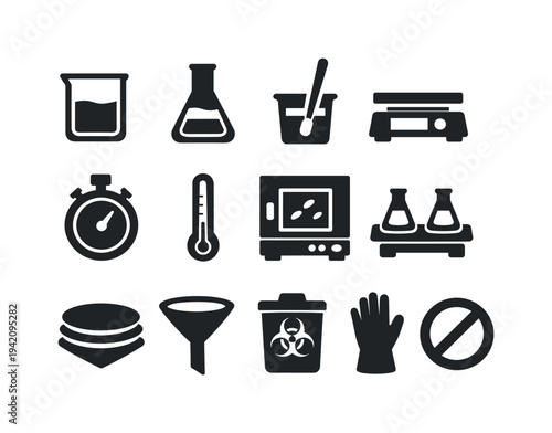 Collection of scientific laboratory equipment icons for research and experiments