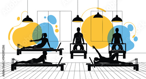 Vector illustration of people exercising on pilates reformers in a studio