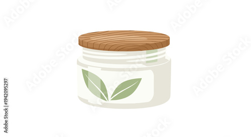 A single, closed white cosmetic jar with a smooth wooden lid and two light-green leaves printed on its front is centrally displayed on a plain white background.