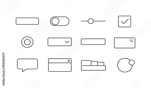 Collection of minimalist line icons representing user interface elements and controls