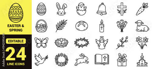 Easter and spring icon set with eggs, bunnies, flowers, crosses, worship symbols, seasonal decor, and essential Easter ranking elements illustrated in a clean modern line‑art vector style