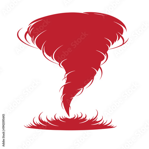 Red tornado illustration with swirling winds and a funnel cloud on white background