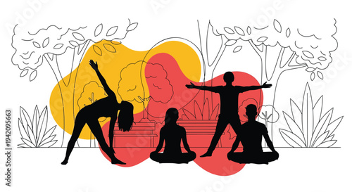 Vector illustration of 3 yoga poses with abstract background