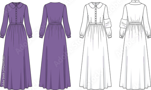 Women long sleeve maxi dress technical sketch with Peter Pan collar, button down bodice gathered waist template, cad drawing flat vector illustration