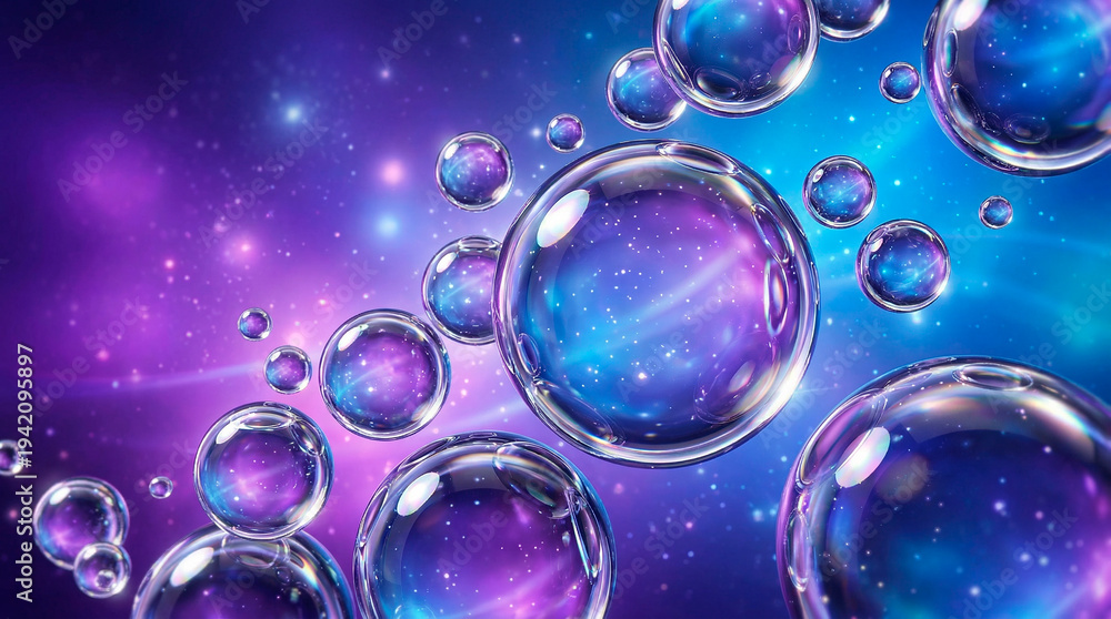 Fototapeta premium Bubbles containing galaxies floating in a cosmic universe