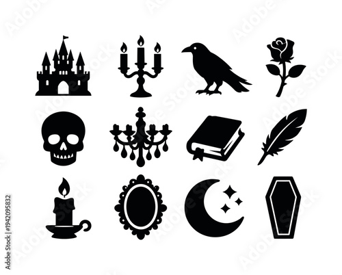 Gothic and spooky silhouette icons for Halloween and dark themes