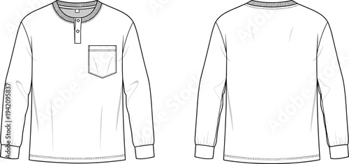 Men long sleeve henley t shirt technical sketch with pocket, button placket crew neck top template, cad drawing flat vector illustration