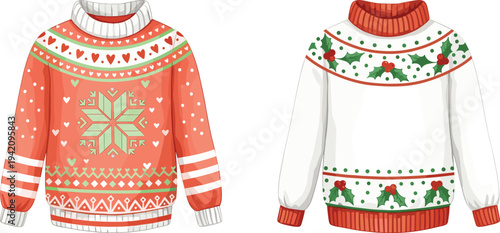 Christmas holiday sweater vector illustration with snowflake and holly patterns, festive winter knitwear set, cad drawing flat vector illustration for apparel