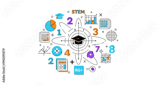 Colorful illustration of math and education symbols surrounding a graduation cap on a white background for Pi Day or Math Day celebration in a business and education setting