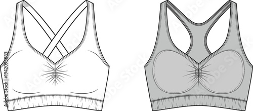 Women racerback sports bra with front gathering technical sketch, cross back athletic top template, cad drawing flat vector illustration for fashion