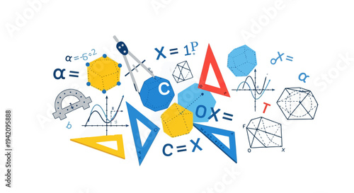 Colorful illustration of mathematical shapes and symbols for Math Day celebration in education and learning