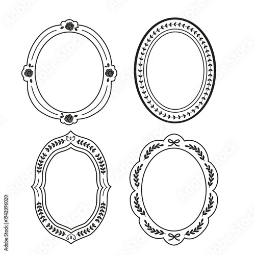 outline set of isolated oval frames with leaves and roses
