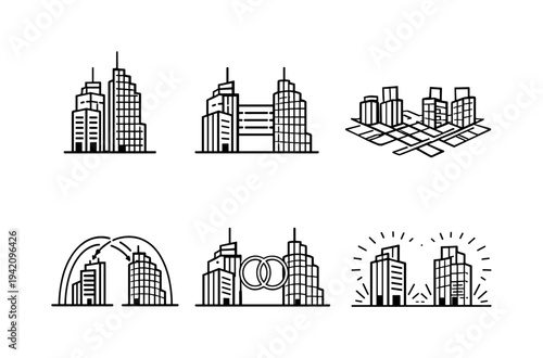 Line vector icons of a city where every building has its digital twin (paired architecture): skyscraper form, digital copy frame,