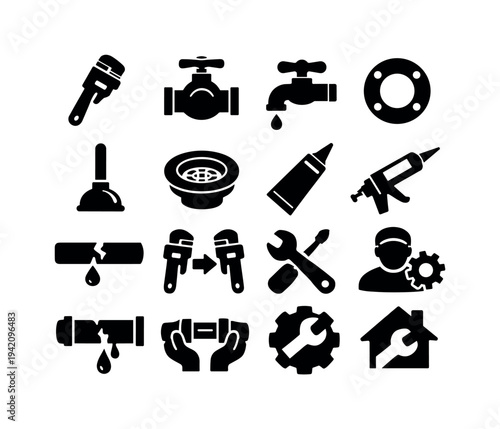 Solid vector icons of home repair tasks: pipewrench, valve, faucet, gasket, plunger, drain, sealant, caulkinggun, leak,