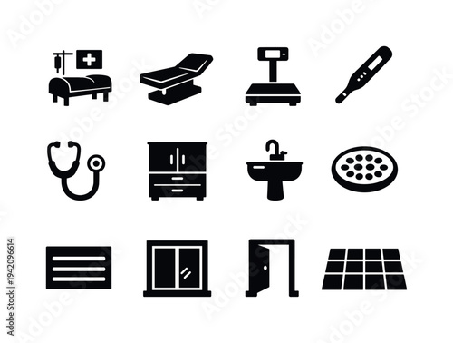 Solid vector icons of shelter facilities: clinicroom, examtable, scale, thermometer, stethoscope, cabinet, sink, drain,