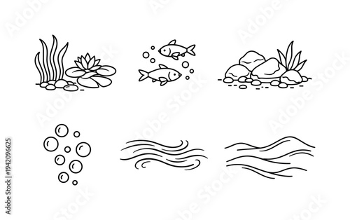 Line style icons of natural aquatic surroundings: aquatic plants, small fish, rocky bottom, air bubbles, gentle currents, organic