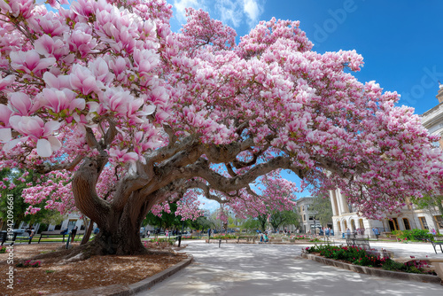 Magnificent blooming magnolia tree in a city park during springtime