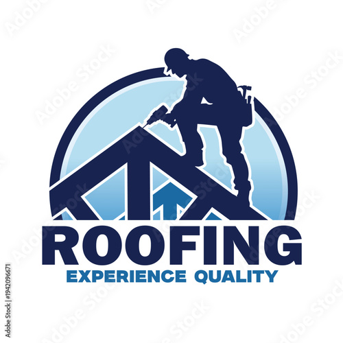 Roofing construction logo with worker on roof silhouette bold vector design