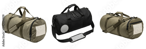 Premium Olive Green and Black Duffel Bag Mockup Set, Three Tactical Sports and Travel Holdall Views with Blank Branding Labels, Isolated High-Resolution Athletic Gear Collection.