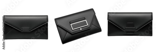 Premium Black Leather Envelope Clutch Bag Mockup Set, Trio of Elegant Evening Purse Views with Blank Branding Labels, Isolated High-Resolution Luxury Fashion Accessory for Retail.