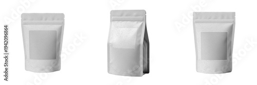 Premium White Coffee Bag and Stand-Up Pouch Mockup Set, Trio of Minimalist Food Packaging Designs with Blank Labels for Coffee, Tea, or Snacks, Isolated High-Resolution Template.