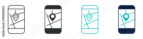 Mobile map navigation icon set, smartphone GPS location pin map symbol, outline and solid silhouette style. Vector illustration.