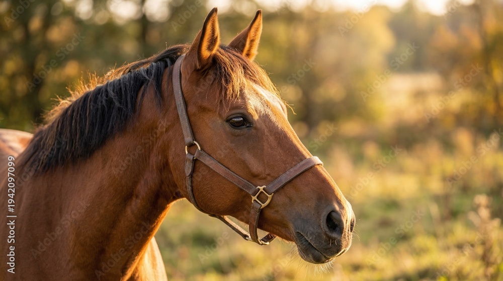 Obraz premium Brown horse standing in field during golden hour sunset