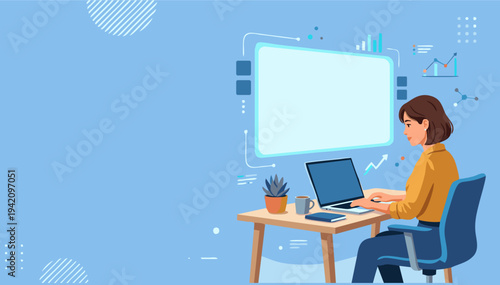 Businesswoman Working on Laptop with Copy Space Background, Digital Marketing and Business Technology Concept
