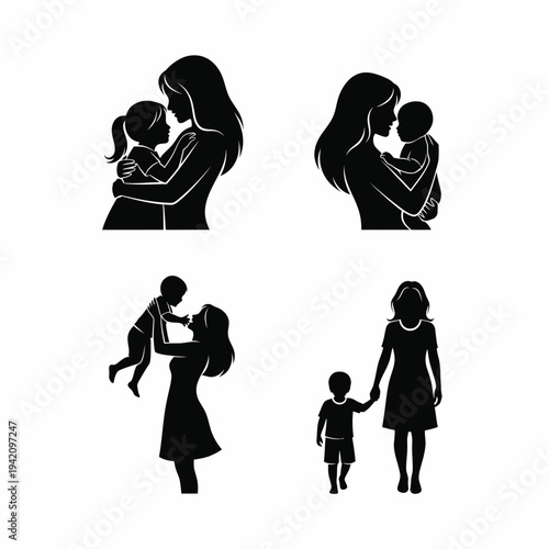 Mother and Child Black Silhouettes Hugging, Holding, Lifting and Walking  Vector Illustration