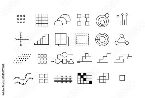 Line vector icons of pixels as fundamental reality units: pixel-atom dots, raster-field grids, subpixel arcs, display-cell pads,