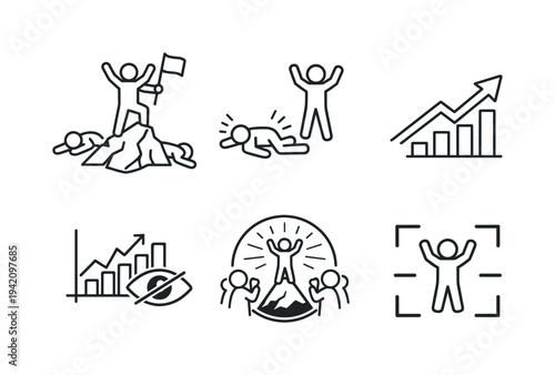 Victory Icons. Line style vector icons of overemphasizing winners: surviving-figure motif, fallen-figure icon, growth-arrow