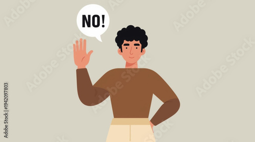 





This flat vector illustration depicts a young man with dark curly hair raising his hand in a stop gesture accompanied by a "NO!" speech bubble against a neutral gray background.