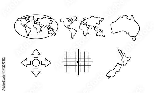 Geography Icons Collection. Line style vector icons of world geography visualization: world-map icon, continent-outline motif,