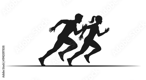 Vector silhouette of man and woman running, black icons