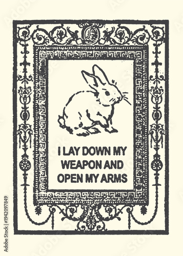 Vintage style vector illustration featuring a gentle rabbit framed by an ornate dark border and proclaiming a message of peace