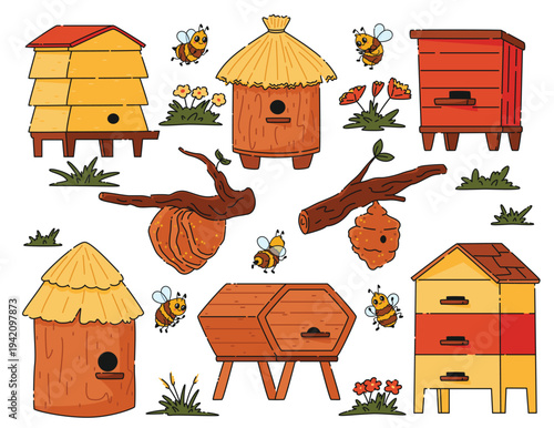 Honey products and apiary set. Beekeeping collection with wooden house and beehive on tree for bees