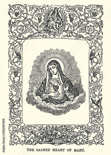 Antique religious vector illustration depicting the Immaculate Heart of Mary adorned with ornate gothic border elements and sacred symbolism