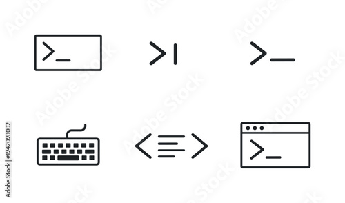 Line style vector icons of command prompt system: terminal-outline icon, blinking-cursor motif, keyboard-input outline,