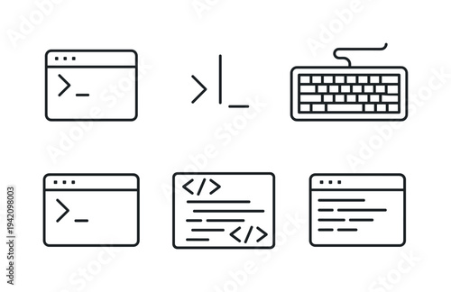Line style vector icons of text-based command interface: terminal-outline icon, blinking-cursor motif, keyboard-input outline,