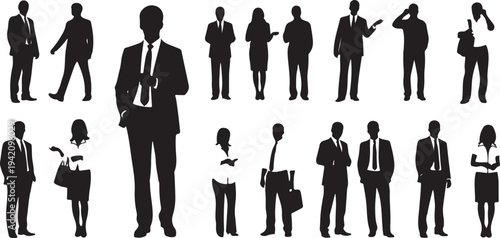 Large collection of business people silhouettes in various professional poses for corporate office team and success concept design