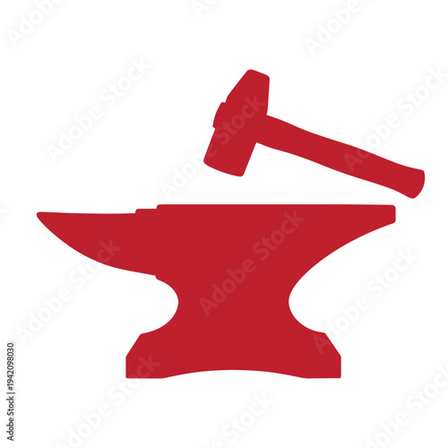 Red anvil and hammer icon for industry and manufacturing concepts  simple illustration
