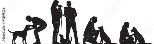 People silhouettes playing and training with their pet dogs in the park for domestic animal friendship and lifestyle