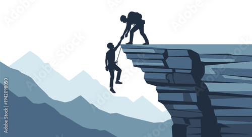 Vector illustration of two people helping each other on cliff edge