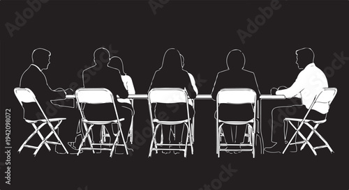 Corporate meeting room silhouette with people sitting at a long table for business conference and boardroom discussion concept