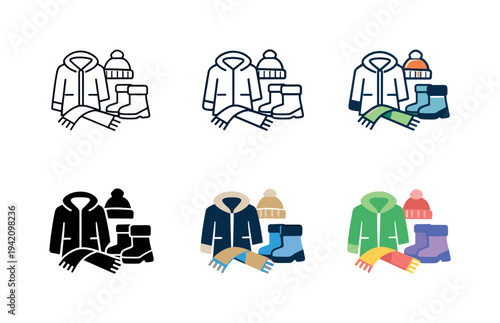 Seasonal Fashion Icons. Clothing trend icon showing seasonal apparel including coats, hats, boots, and scarves arranged to reflect