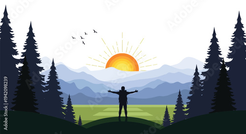 Vector silhouette of man standing with arms outstretched at sunrise in nature landscape